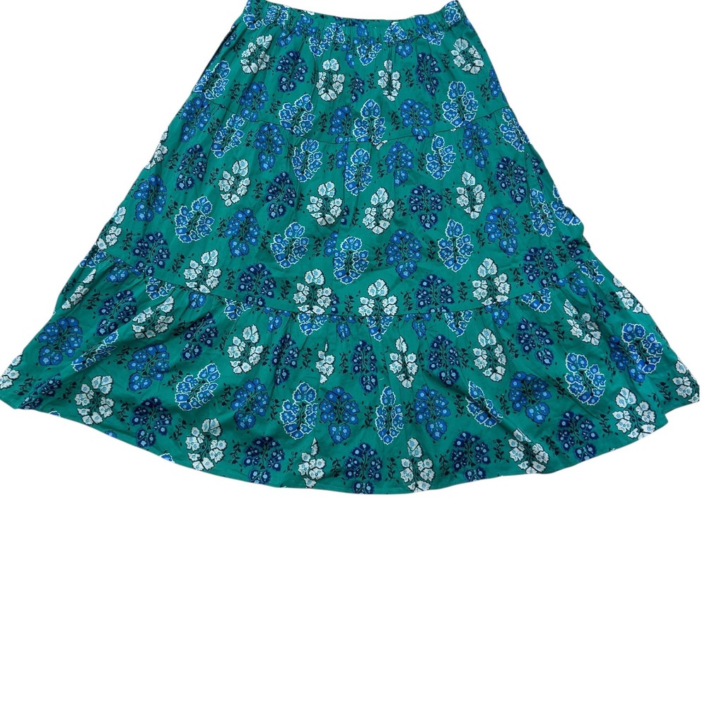 J.Crew Green Floral Tiered Midi Skirt Womens Size M Elastic Waist Cotton Boho